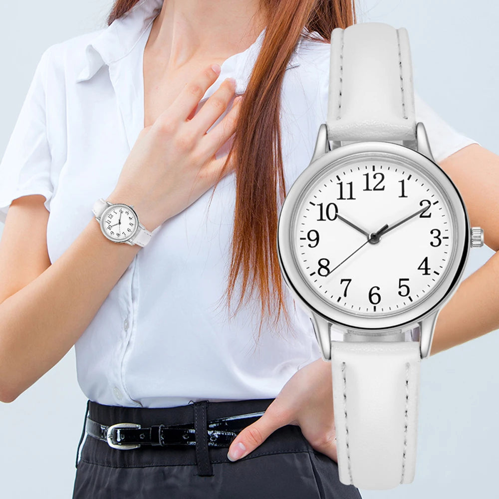 Leisure Fashion Women Quartz Watch Easy to Read Arabic Numerals Simple Dial PU Leather Strap Lady Candy Color