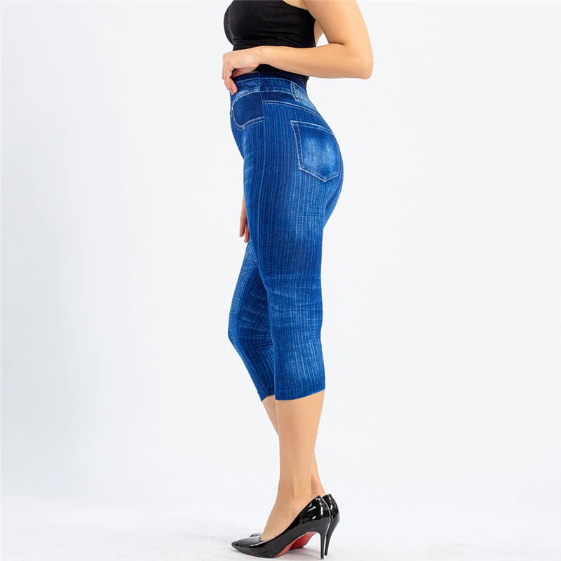Summer Women Fashion High Waist Skinny Jeans Knee Length Denim Capri Pants High Waist Skinny Jeans Knee Length Denim Pants