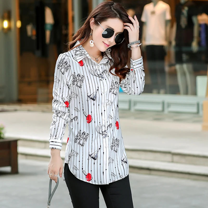Women Striped Printed Long Sleeve Shirts 2023 New Ladies Loose X-Long Style Casual Shirt Tops Women Clothes Factory Wholesale