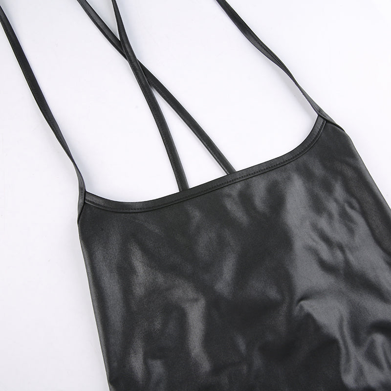 Women Sexy Suspender Mid-length Bodycon Dress Fashion Solid Color Leather Bandage Backless Skinny Split Dress For Female Mujer