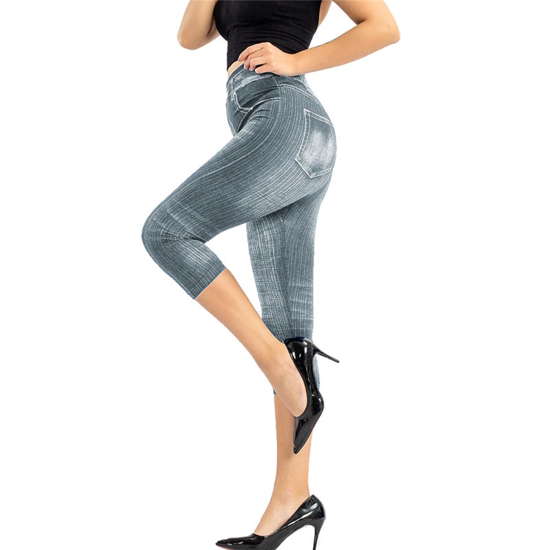 Summer Women Fashion High Waist Skinny Jeans Knee Length Denim Capri Pants High Waist Skinny Jeans Knee Length Denim Pants