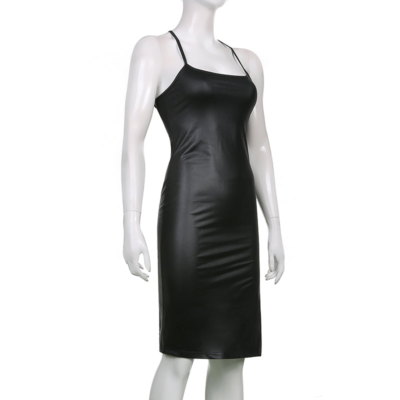 Women Sexy Suspender Mid-length Bodycon Dress Fashion Solid Color Leather Bandage Backless Skinny Split Dress For Female Mujer