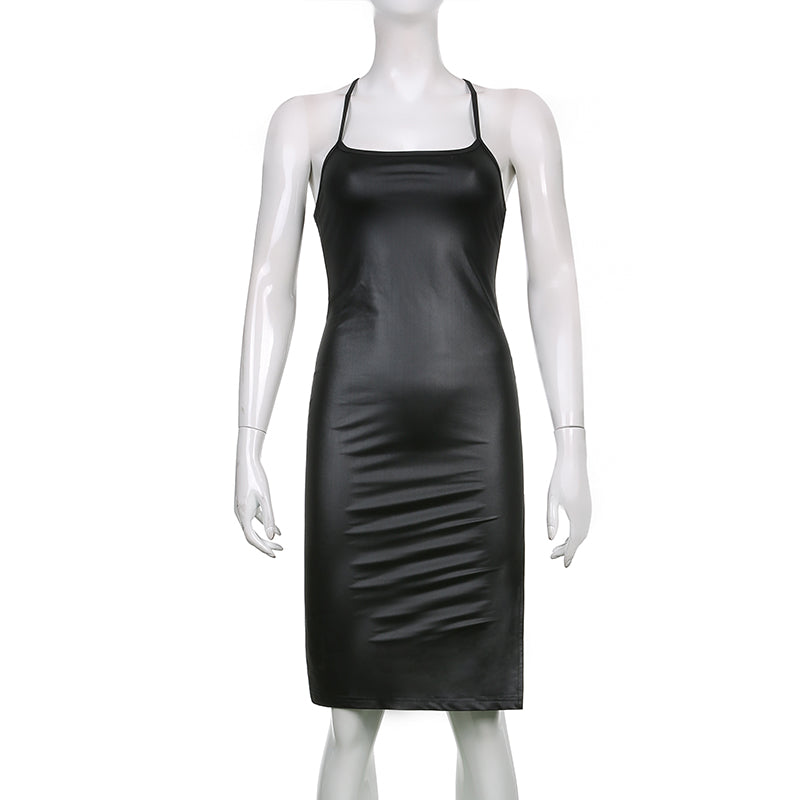 Women Sexy Suspender Mid-length Bodycon Dress Fashion Solid Color Leather Bandage Backless Skinny Split Dress For Female Mujer