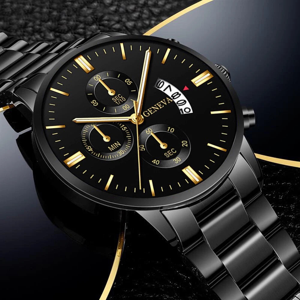 Leisure Business Fashion Men Black Stainless Steel Watch Luxury Calendar Quartz Wrist Watch Mens Business Watches for Man Clock