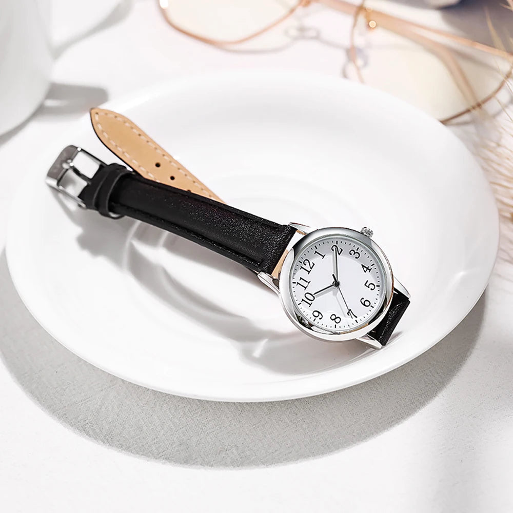 Leisure Fashion Women Quartz Watch Easy to Read Arabic Numerals Simple Dial PU Leather Strap Lady Candy Color