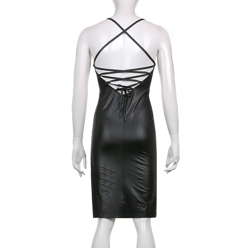 Women Sexy Suspender Mid-length Bodycon Dress Fashion Solid Color Leather Bandage Backless Skinny Split Dress For Female Mujer