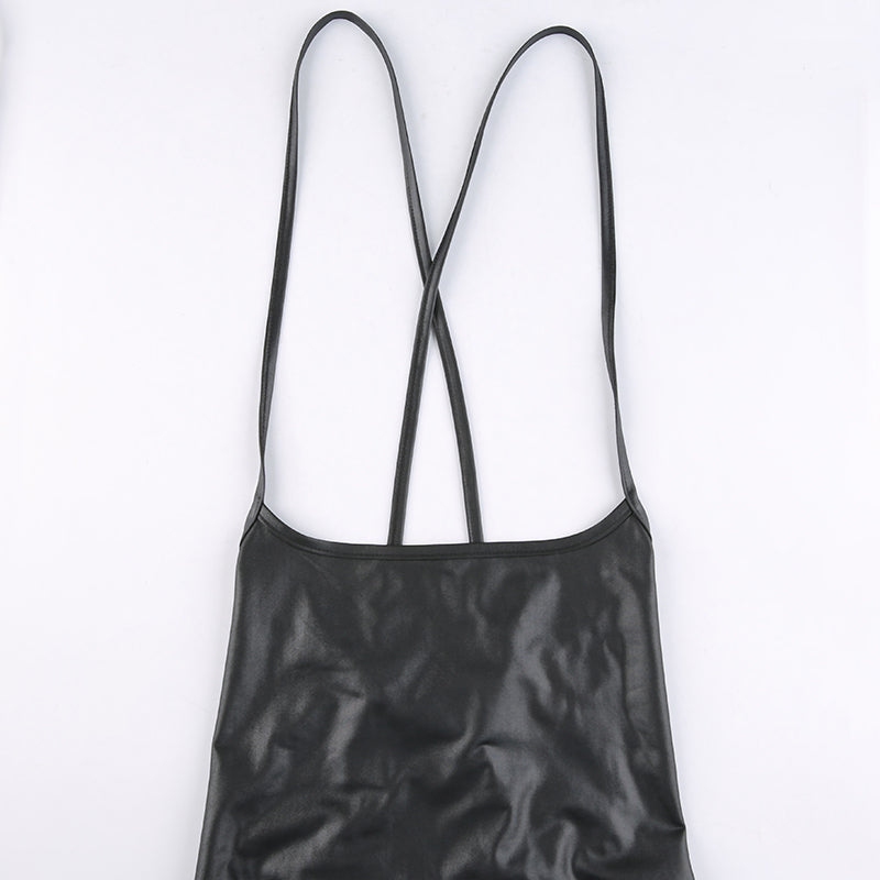 Women Sexy Suspender Mid-length Bodycon Dress Fashion Solid Color Leather Bandage Backless Skinny Split Dress For Female Mujer