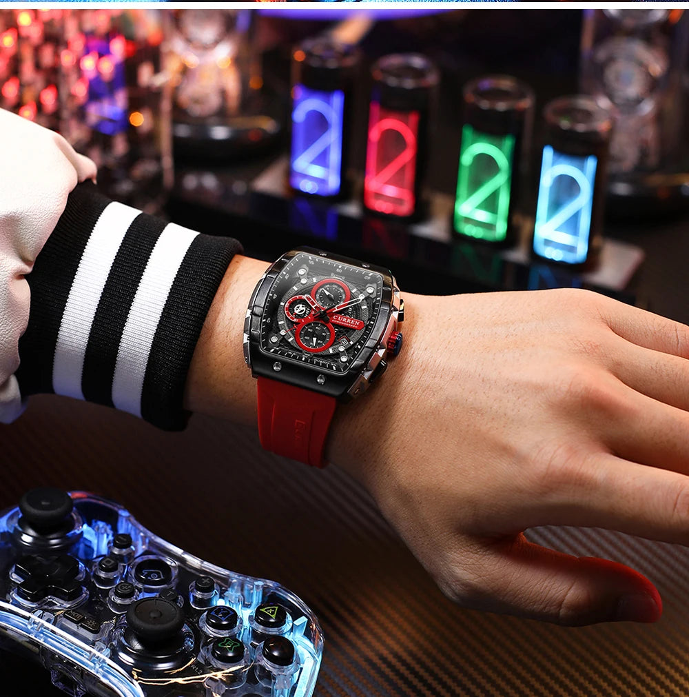 CURREN Sports Unique Rectangular Watches with Large Dial Casual Quartz Silicone Bands Wristwatches with Auto Date