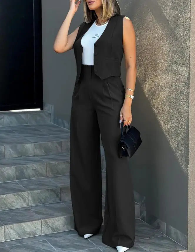 2024 Spring Summer Simple Graceful New Fashion Suit Vest Jacket Wide Leg Pants Casual Suit