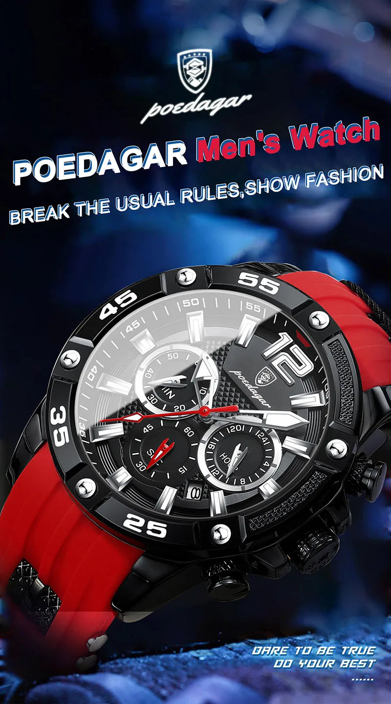 POEDAGAR Silicone Strap Sport Men's Watch Luxury Stopwatch Waterproof Military Wristwatches For Men Brand Luminous Clock Newest
