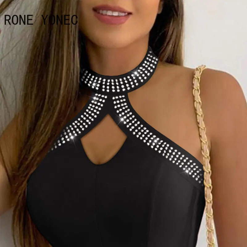 Women Chic Sexy Hollow out Halter Sleeveless Rhinestone Decoration Summer Casual Sexy Camis Crop Tops