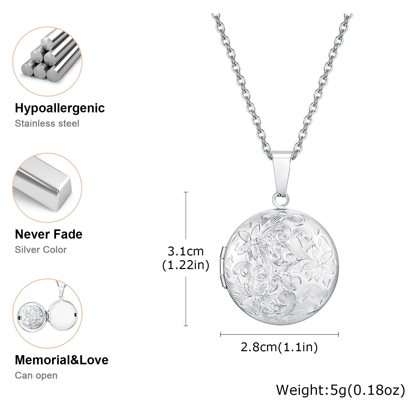 Vnox Never Fade Silver Color Stainless Steel Women Locket Pendant, Openable Heart Pendant Necklaces, Life Tree Floral Collar