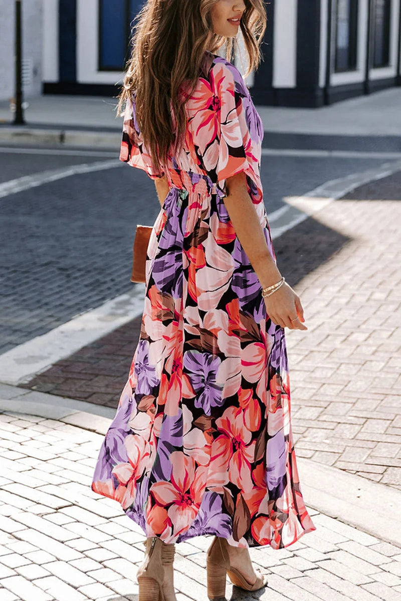 Casual Print Women Dress Summer Fahsion V Neck Short Sleeve Office Elegant Maxi Dresses Female Holiday Beach Party Dress New