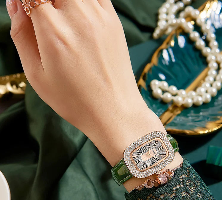 WOKAI high quality fashion luxury Full diamond Pigeon Egg Diamond Lady quartz belt Watch Girl student PROM clock vintage
