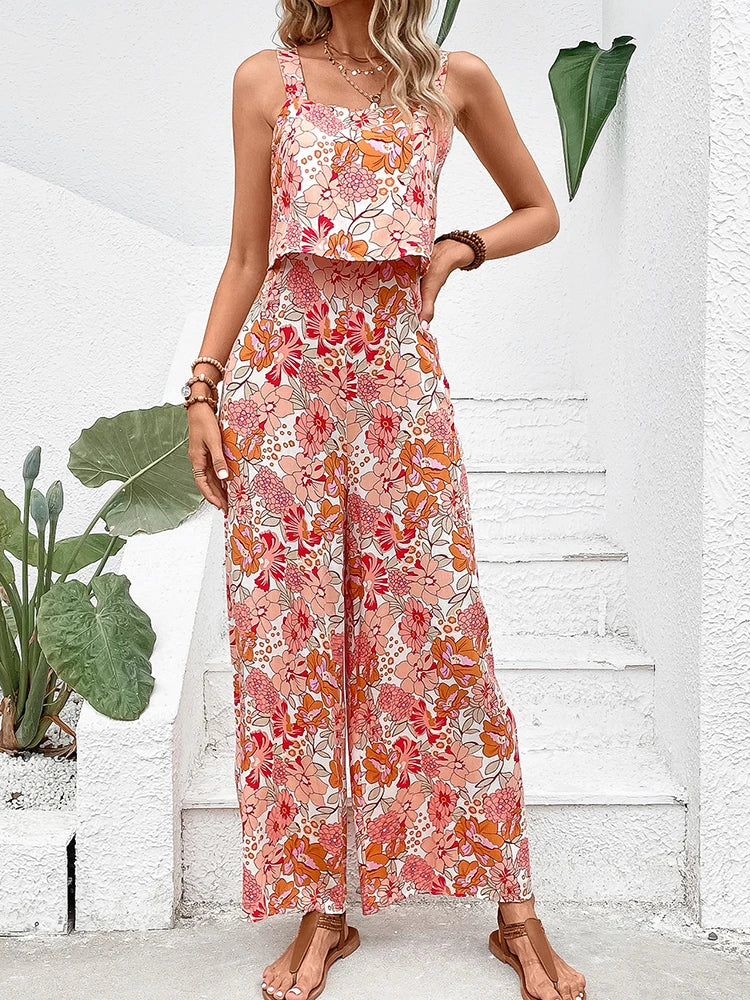 Elegant Long Jumpsuit Women Sexy Backless Wide Leg Jumpsuits Casual Sleeveless Floral Rompers Summer Clothes For Woman 2025 New