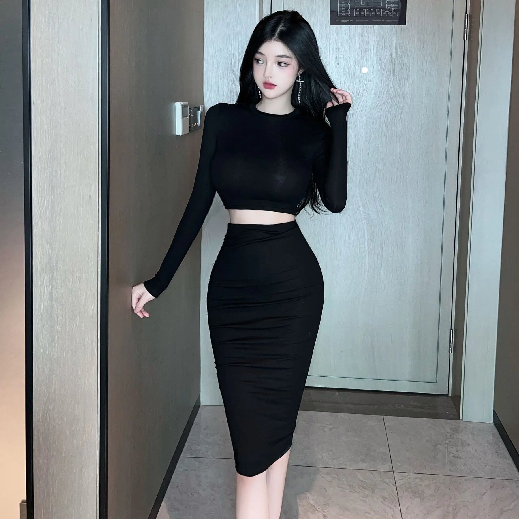 2023 Sexy Spicy Girl Bold Hollow Out Elegant Fashion Gentle Skirt Set Short Long Sleeve Top High Waist Skirt Set Female AIWB