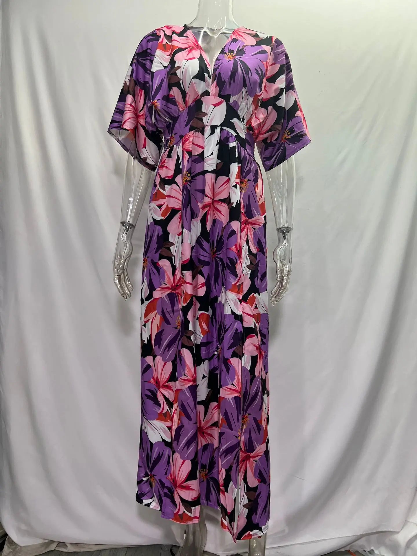 Casual Print Women Dress Summer Fahsion V Neck Short Sleeve Office Elegant Maxi Dresses Female Holiday Beach Party Dress New