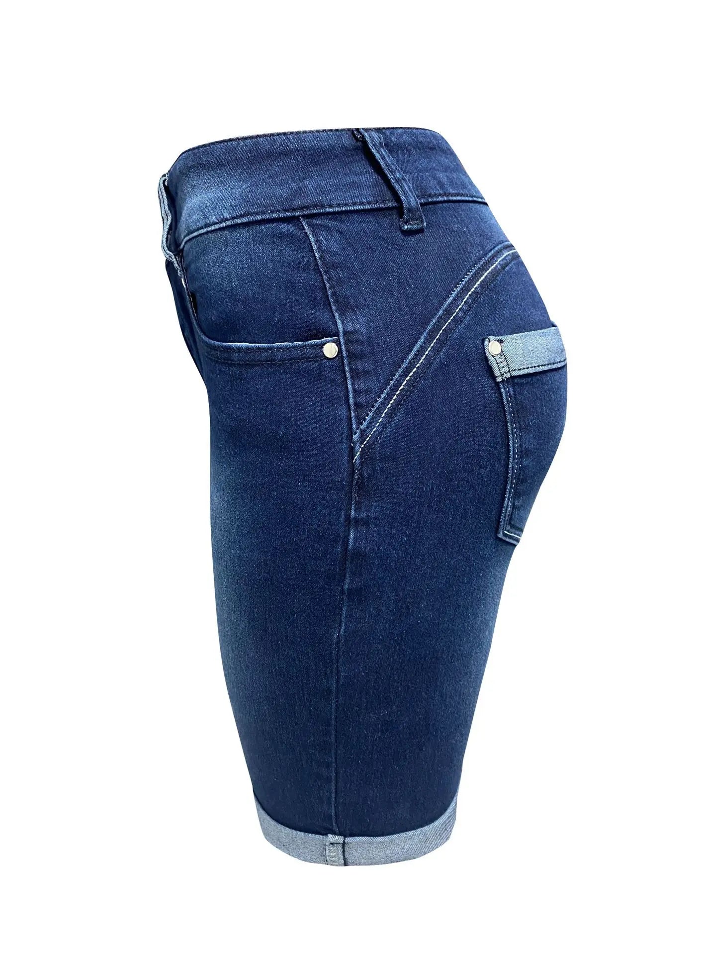 Women Jeans Sexy Sheath Shorts Washing Denim High Waist Slim Fit Zipper Fly Flat Spliced Summer Pockets Button Basics 2024