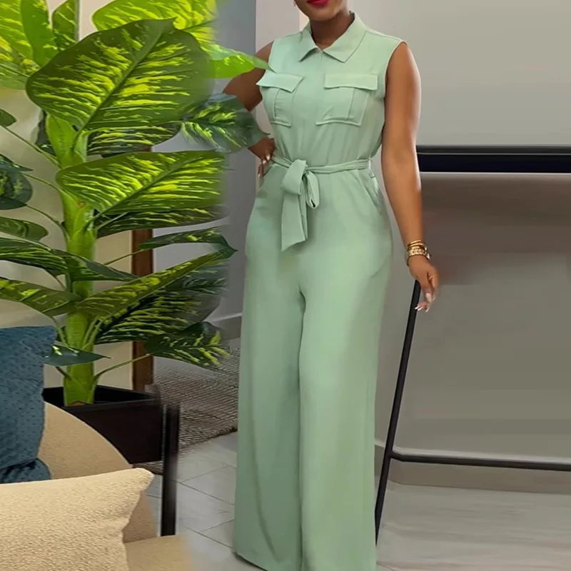 2024 Spring Summer Sleeveless Wide Leg Jumpsuit Women Turn-down Neck Pocket Front Zipper Fly Street One Piece Suit Playsuits