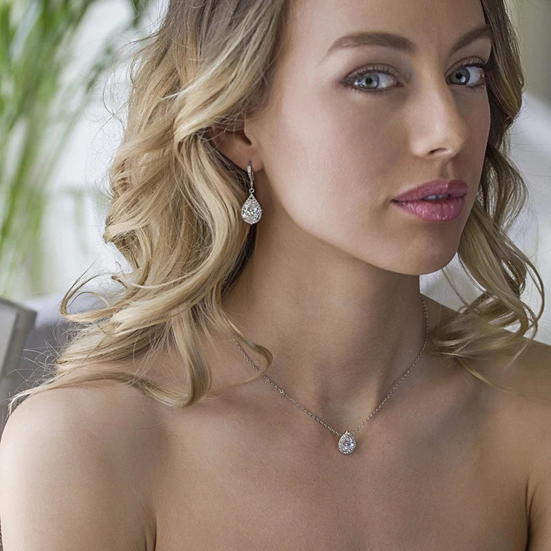 Huitan Fashion Women Water Drop CZ Pendant Necklace Silver Color O Chain Temperament Elegant Lady's Neck Accessories Hot Jewelry