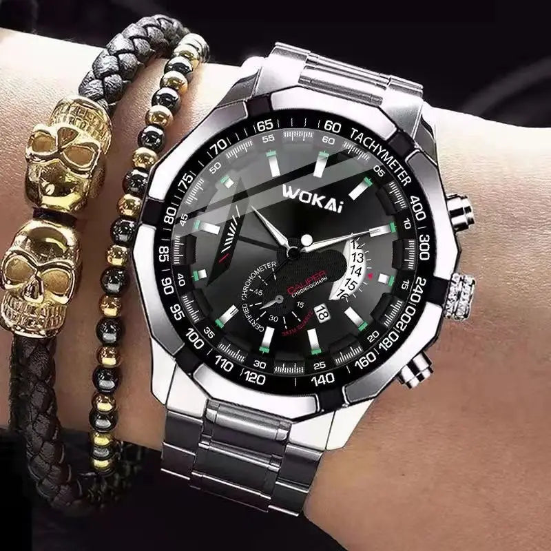 WOKAI high quality large dial men's European style waterproof luminous personality calendar watch boy business clock retro