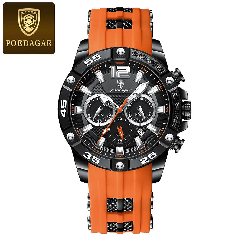 POEDAGAR Silicone Strap Sport Men's Watch Luxury Stopwatch Waterproof Military Wristwatches For Men Brand Luminous Clock Newest
