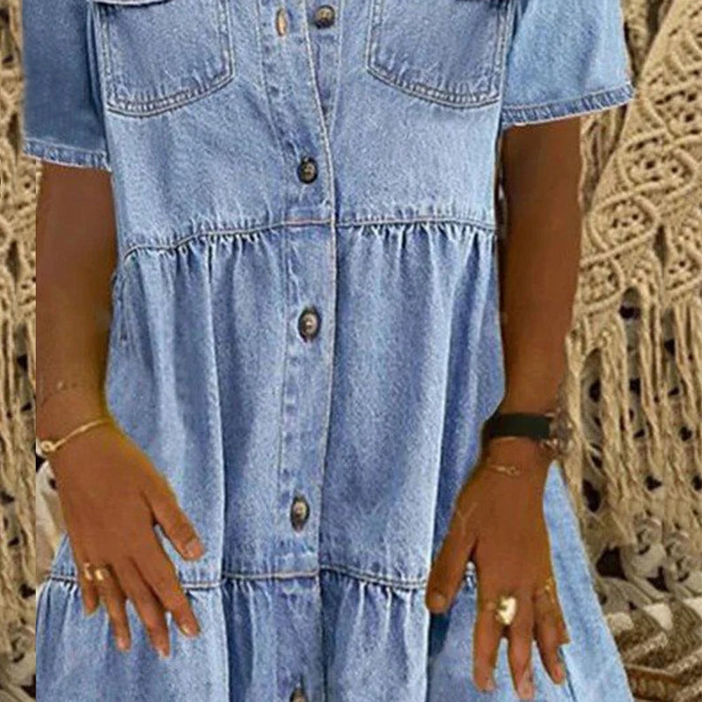 Retro Women Dresses 2022 Short Sleeve Turn Down Collar Pockets Button Long Loose Denim Dress Summer Long Dress