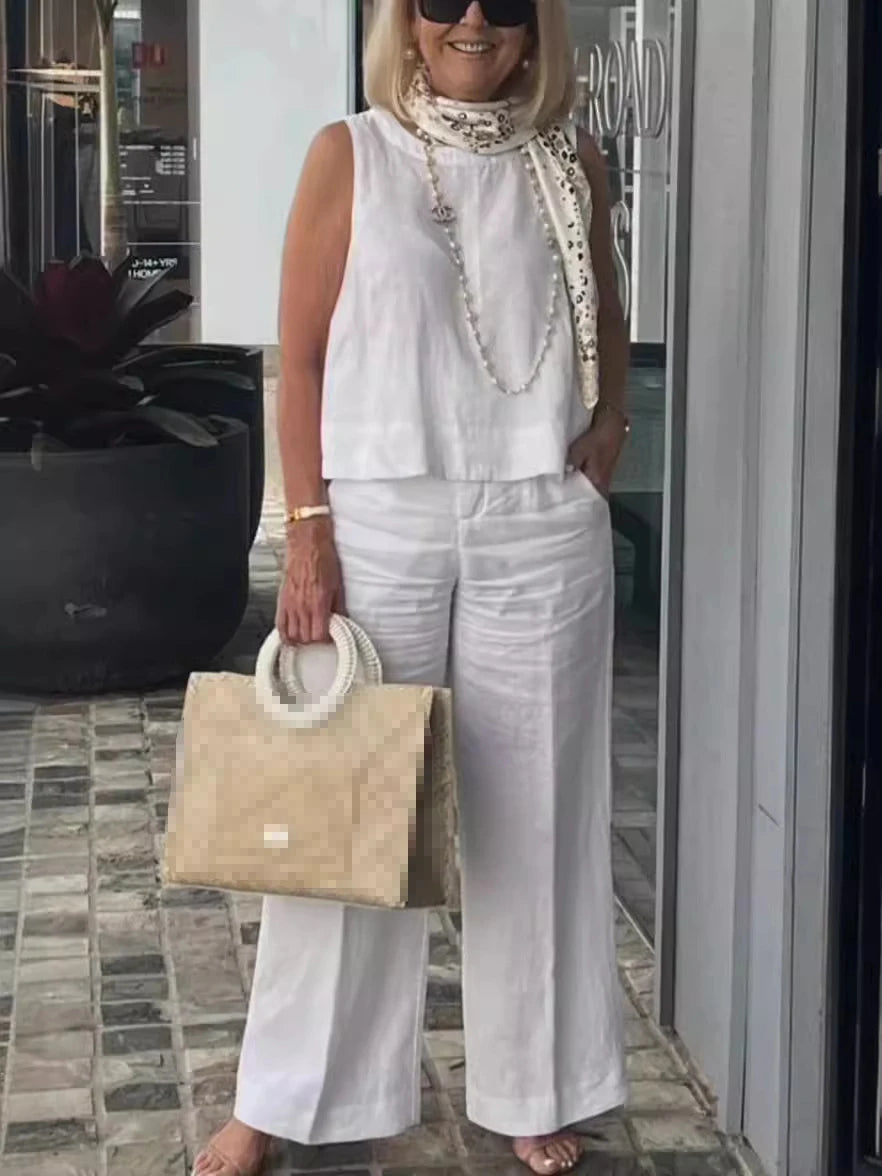 Conjuntos Para Mujeres 2 Piezas Outfit Linen Cotton Clothing Loose Sleeveless Top Wide Leg Pants Two-piece Set Casual Wear