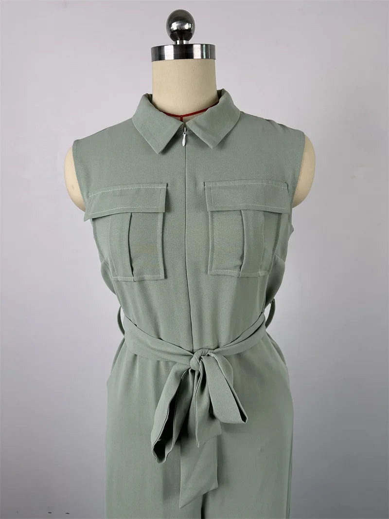 2024 Spring Summer Sleeveless Wide Leg Jumpsuit Women Turn-down Neck Pocket Front Zipper Fly Street One Piece Suit Playsuits