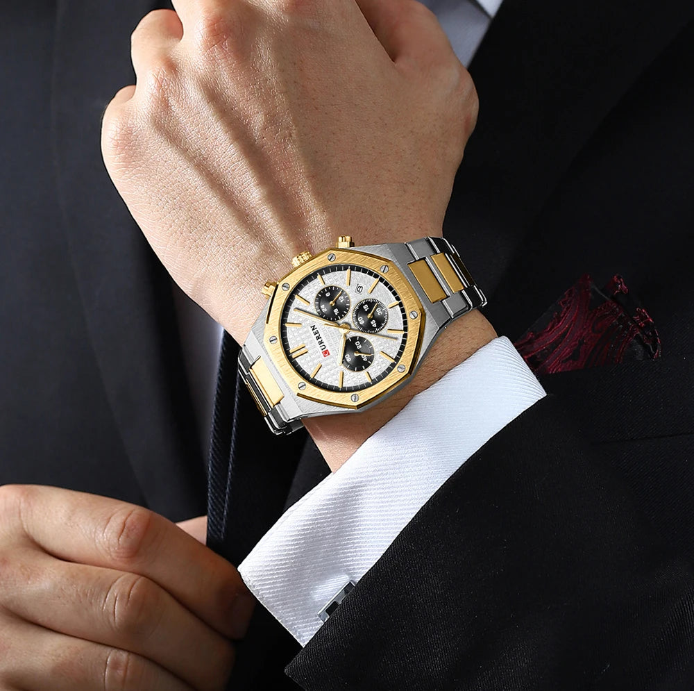 CURREN Fashion Casual Stainless Steel Band Quartz Wristwatches with Chronograph Waterproof Men's Watches