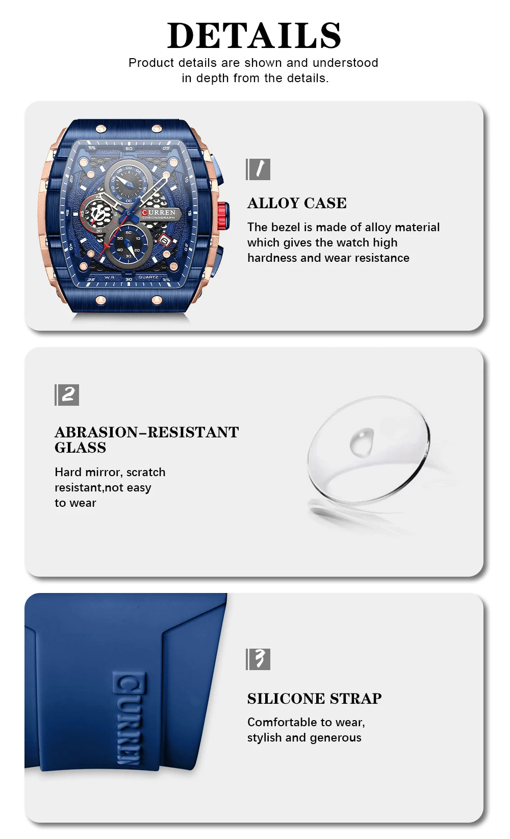 CURREN Sports Unique Rectangular Watches with Large Dial Casual Quartz Silicone Bands Wristwatches with Auto Date
