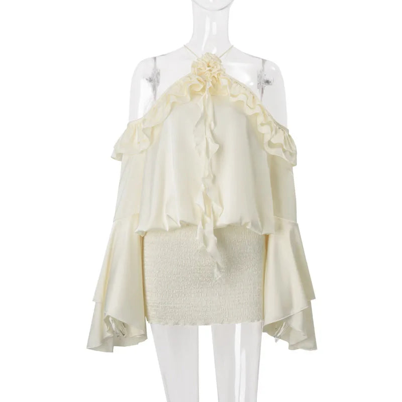 Fashion Ruffles Hem Solid Mini Dress Women Elegant O-neck Lantern Sleeve Short Dresses 2025 New High Street Vocation Vestidos