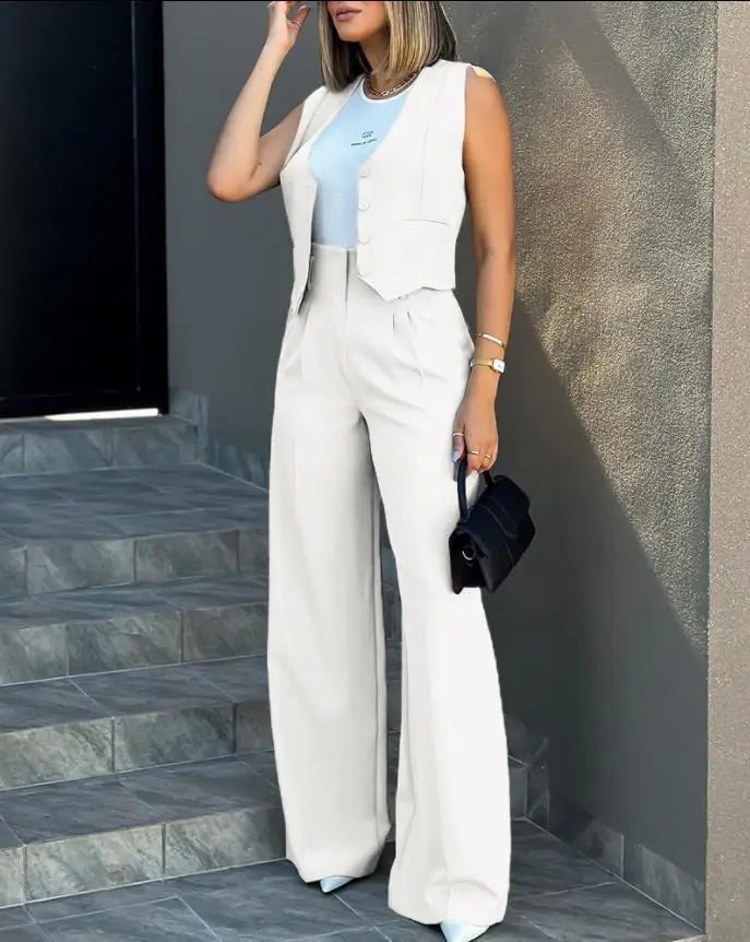 2024 Spring Summer Simple Graceful New Fashion Suit Vest Jacket Wide Leg Pants Casual Suit