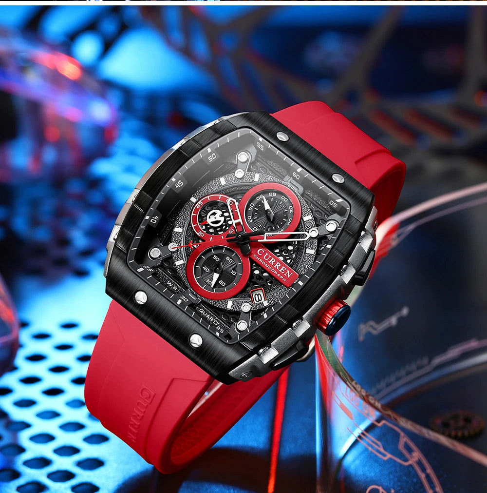 CURREN Sports Unique Rectangular Watches with Large Dial Casual Quartz Silicone Bands Wristwatches with Auto Date