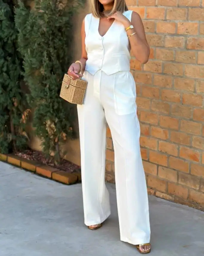 2024 Spring Summer Simple Graceful New Fashion Suit Vest Jacket Wide Leg Pants Casual Suit