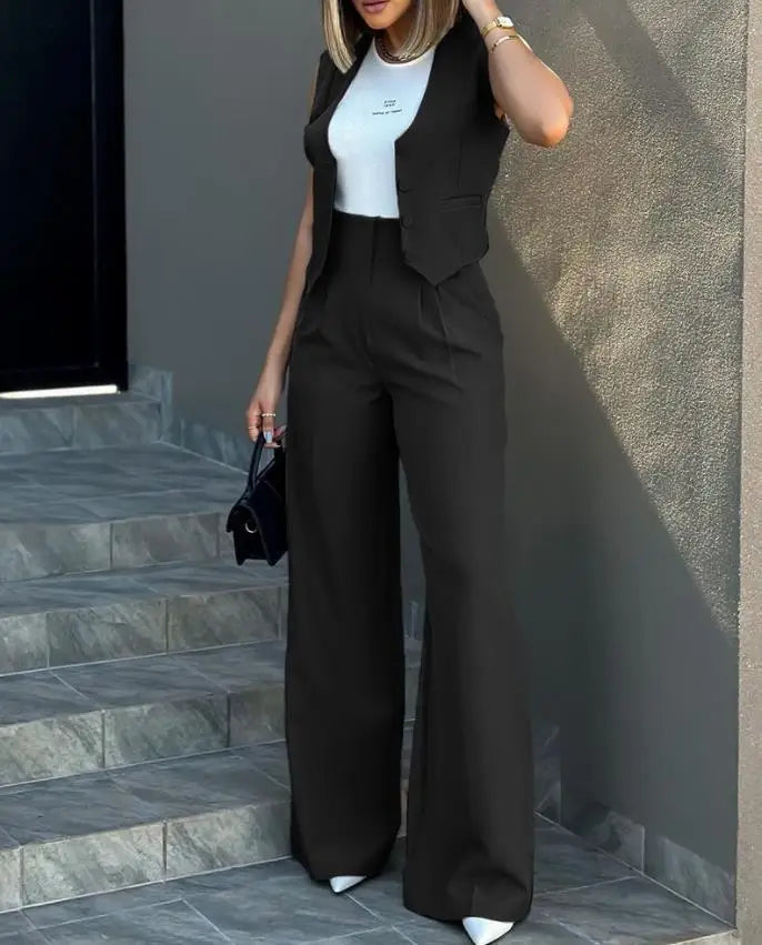 2024 Spring Summer Simple Graceful New Fashion Suit Vest Jacket Wide Leg Pants Casual Suit