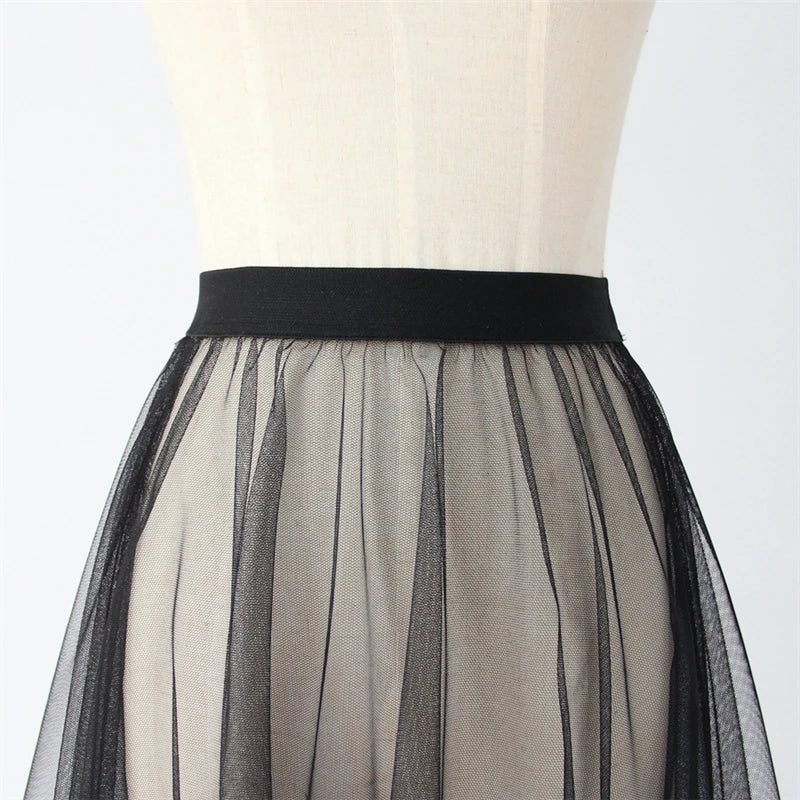 Black White Long Tulle Lace Mesh Skirt Women Petticoat Underskirt Summer Korean Irregular Cover Up Skirt Tutu Skirt For Girl