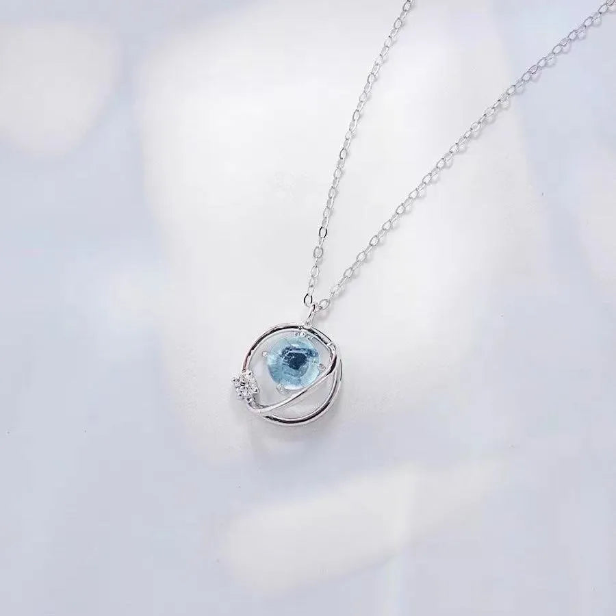 Blue Planet Meteor Shower Key Pendant Necklace Tiny Silver Color Clavicle Chain Collar for Women Friendship Jewelry