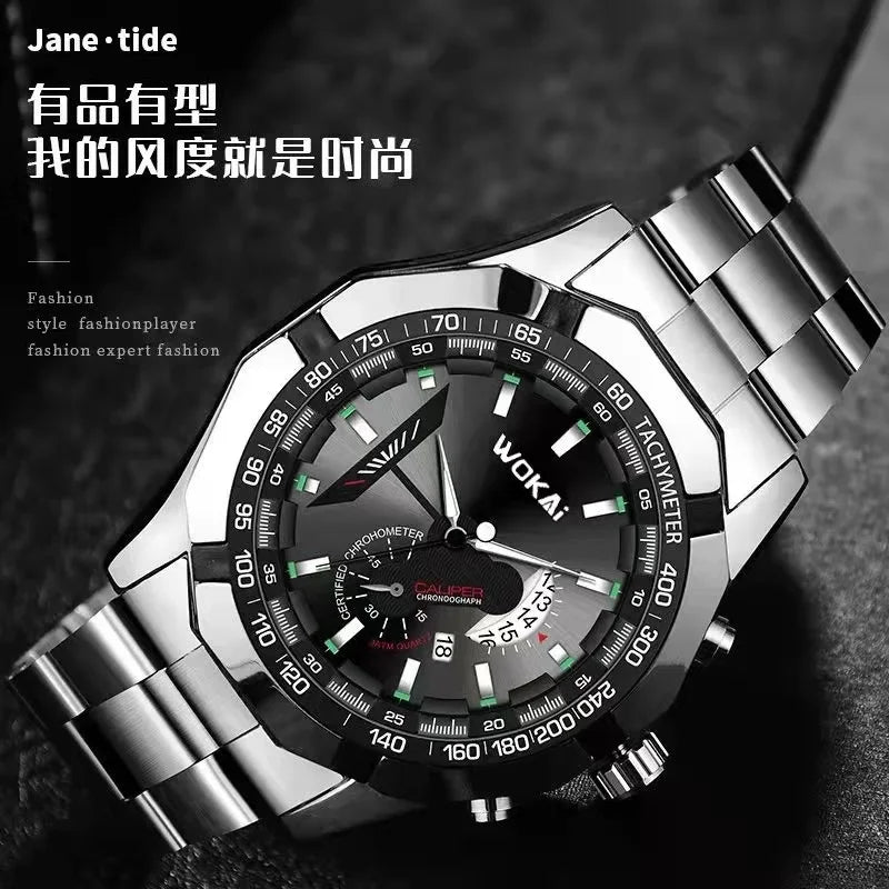 WOKAI high quality large dial men's European style waterproof luminous personality calendar watch boy business clock retro