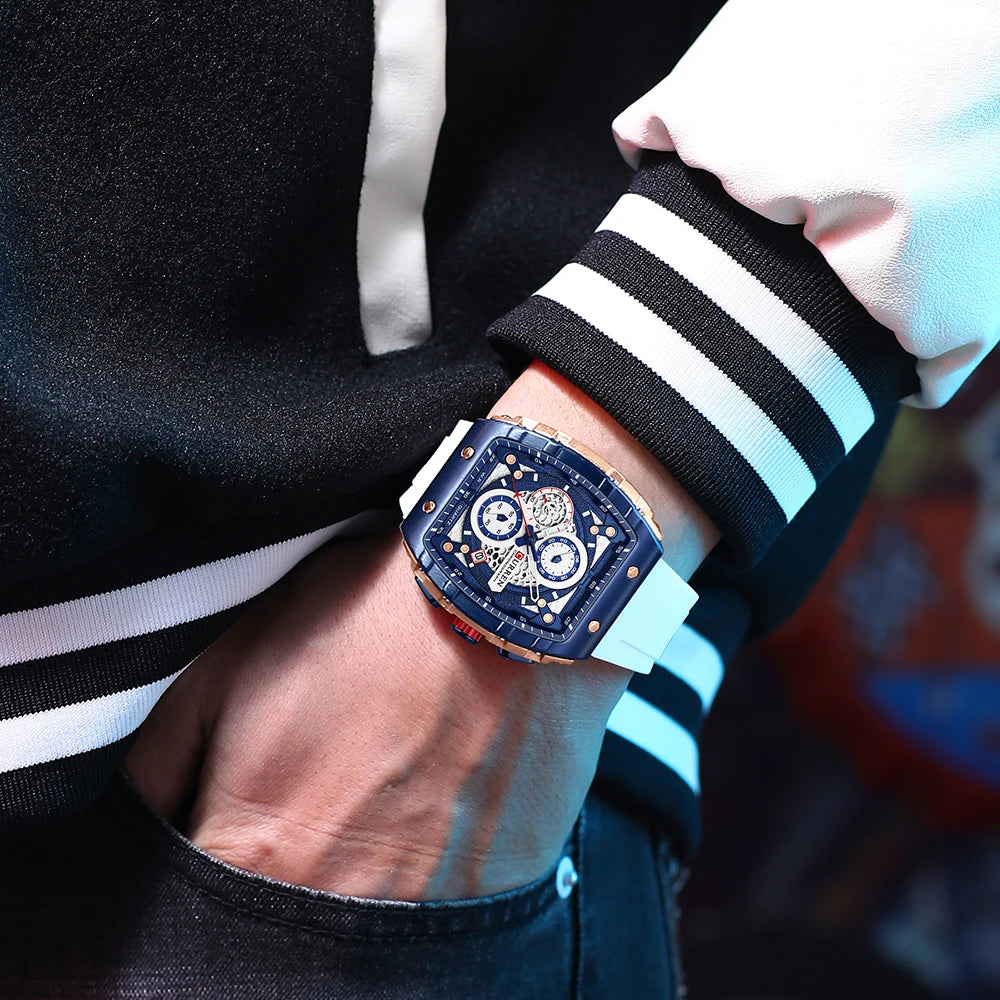 CURREN Sports Unique Rectangular Watches with Large Dial Casual Quartz Silicone Bands Wristwatches with Auto Date