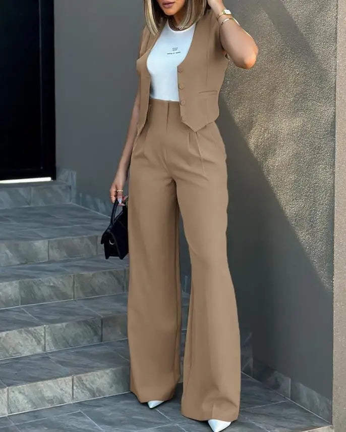 2024 Spring Summer Simple Graceful New Fashion Suit Vest Jacket Wide Leg Pants Casual Suit