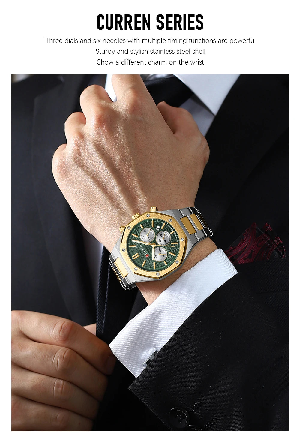 CURREN Fashion Casual Stainless Steel Band Quartz Wristwatches with Chronograph Waterproof Men's Watches