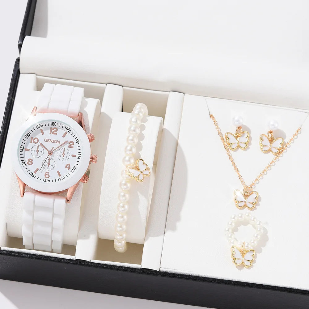 6PCS/Set Women's Watches Casual Silicone Band Analog Quartz Watch Heart Pearls Jewelry Set(Without Box)