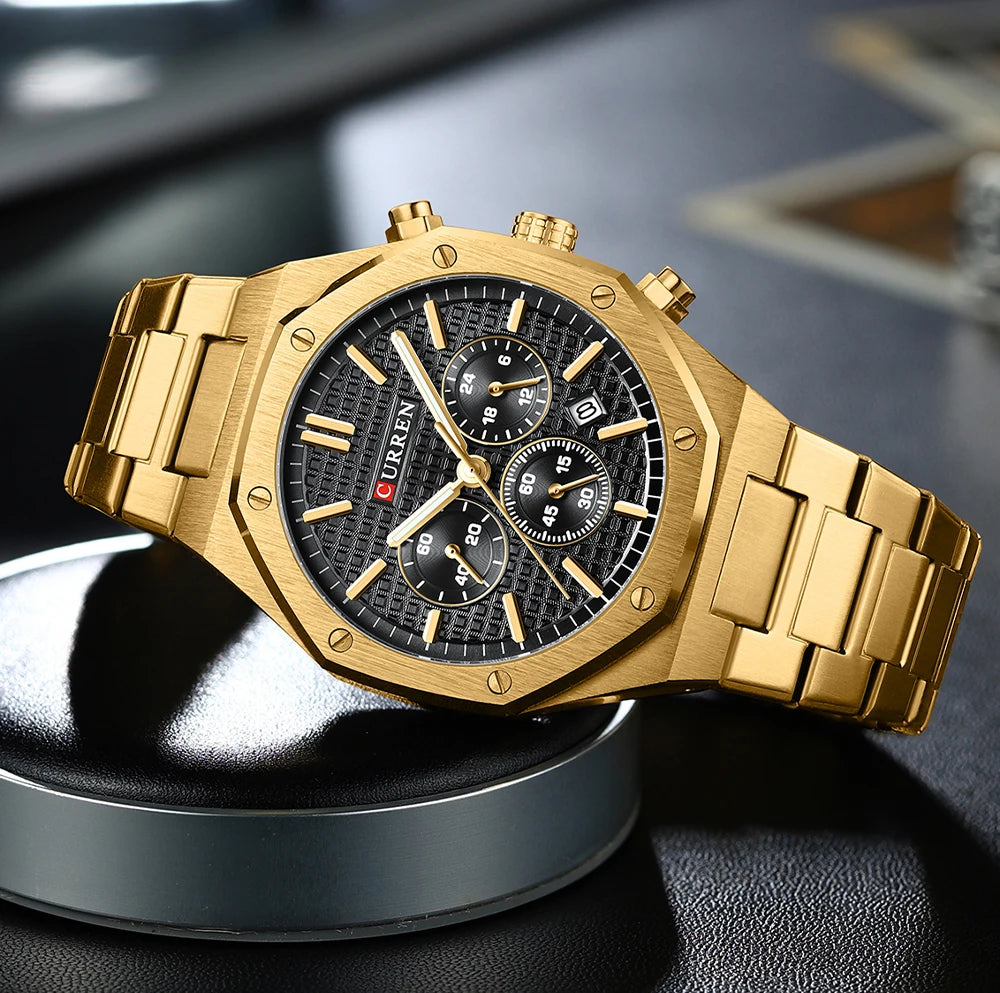 CURREN Fashion Casual Stainless Steel Band Quartz Wristwatches with Chronograph Waterproof Men's Watches