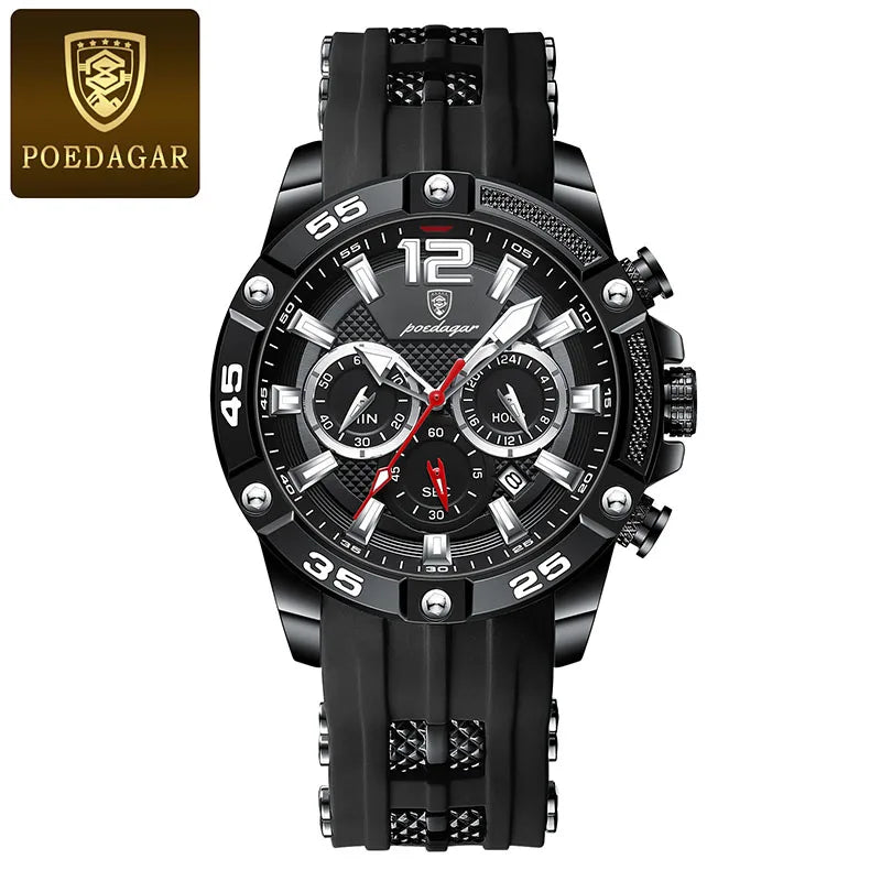 POEDAGAR Silicone Strap Sport Men's Watch Luxury Stopwatch Waterproof Military Wristwatches For Men Brand Luminous Clock Newest