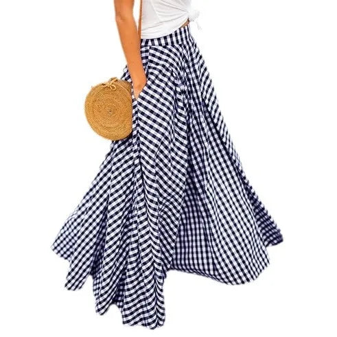 Spring/Summer Elegant and Fashion Style Checkered Medium to Long High Waist Large Swing Skirt with Drop Feeling Half Body Skirt