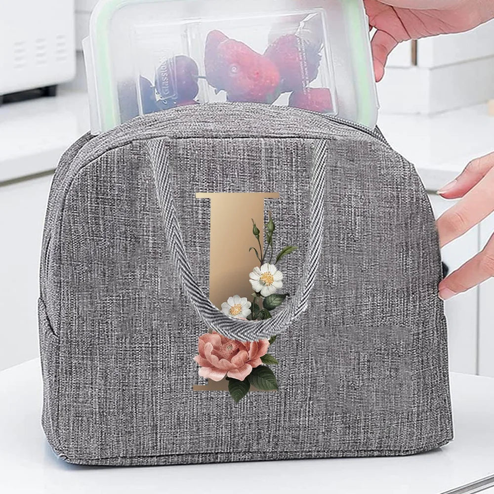 Thermal Food Picnic Lunch Box Insulated School Child Tote Lunch Bags for Work Cute Gold Letter Pattern Cooler Bag for Women