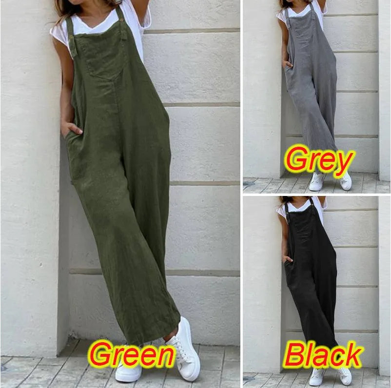 Women Wide Leg Pants Summer Adjustable Strap Pocket Loose Cotton Linen Overalls JYFS-JY1850