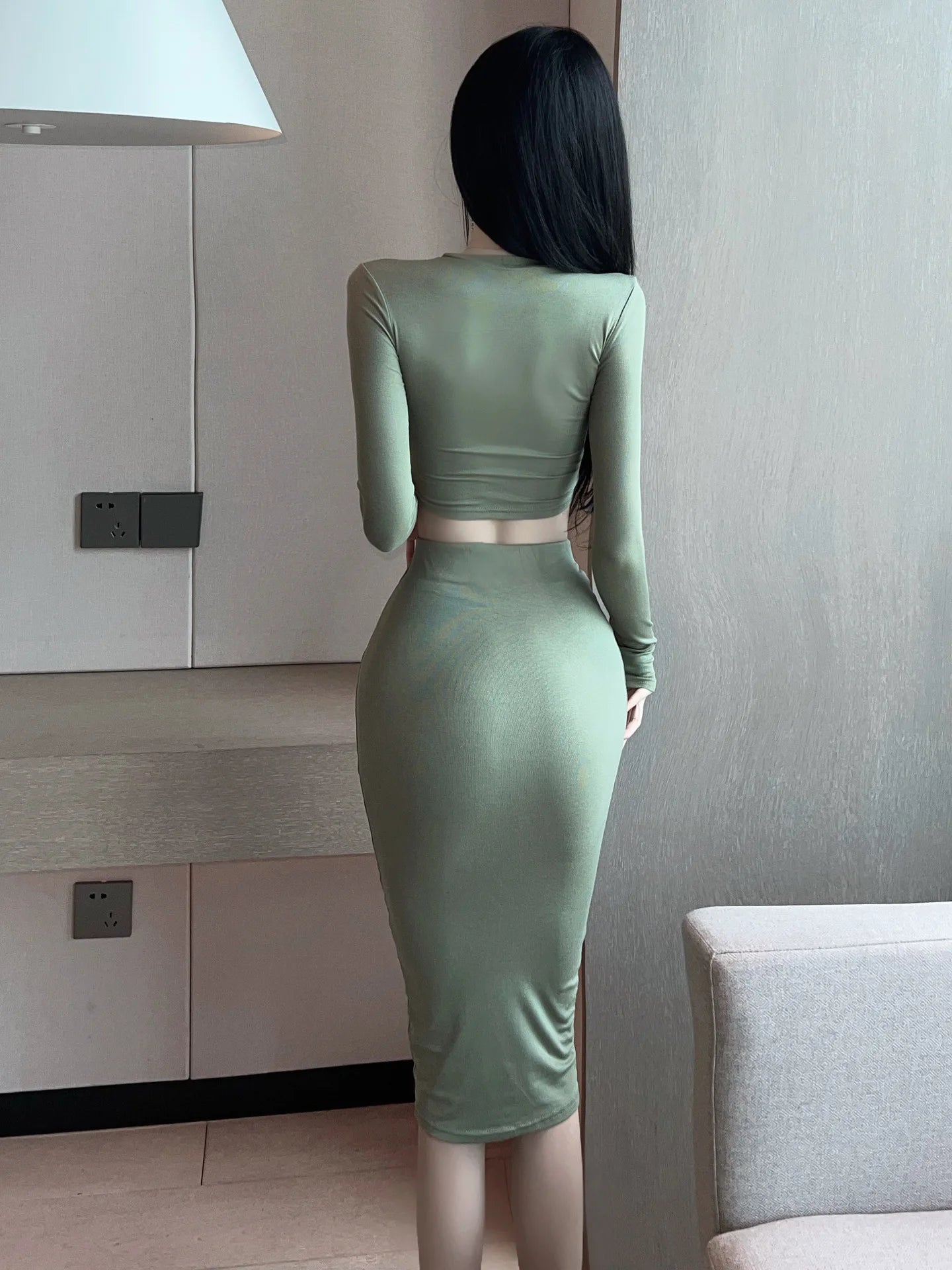 2023 Sexy Spicy Girl Bold Hollow Out Elegant Fashion Gentle Skirt Set Short Long Sleeve Top High Waist Skirt Set Female AIWB
