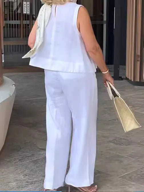 Conjuntos Para Mujeres 2 Piezas Outfit Linen Cotton Clothing Loose Sleeveless Top Wide Leg Pants Two-piece Set Casual Wear